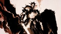 Diablo 5 plague knight class concept art with a heavily armored character wielding a large sword with one hand.