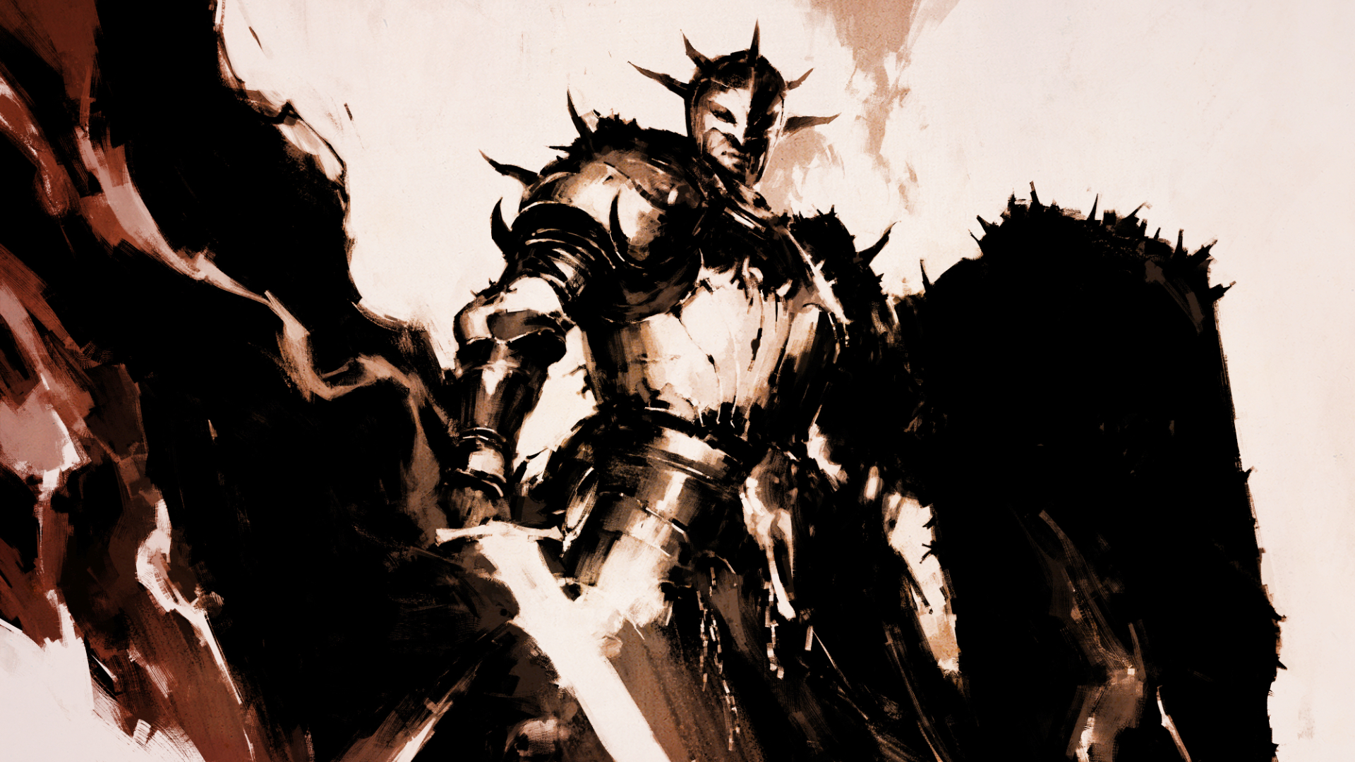 Diablo 5 plague knight class concept art with a heavily armored character wielding a large sword with one hand.