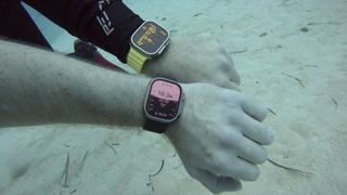 a photo of the Apple Watch Ultra on the wrist underwater