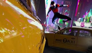 Spider-Man: Into The Spider-verse Miles Morales making a taxi jump