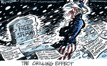 Political cartoon U.S. Trump chilling effect free speech security clearance NFL fines free press