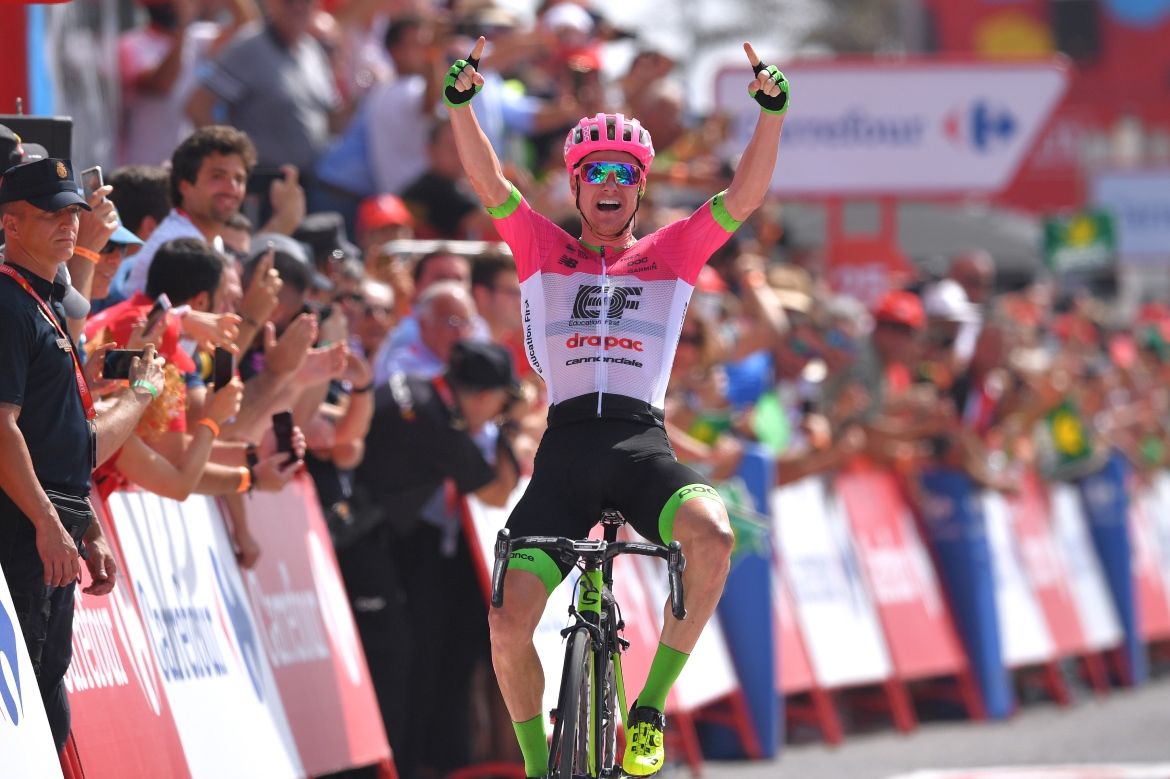 Simon Clarke celebrates his victory on stage 5 of the Vuelta