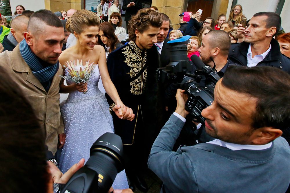 UCI World Champion Peter Sagan and his wife Katarina Smolkova are seen after their wedding in the town of Dolny Kubin in North Slovakia on November 11, 2015.