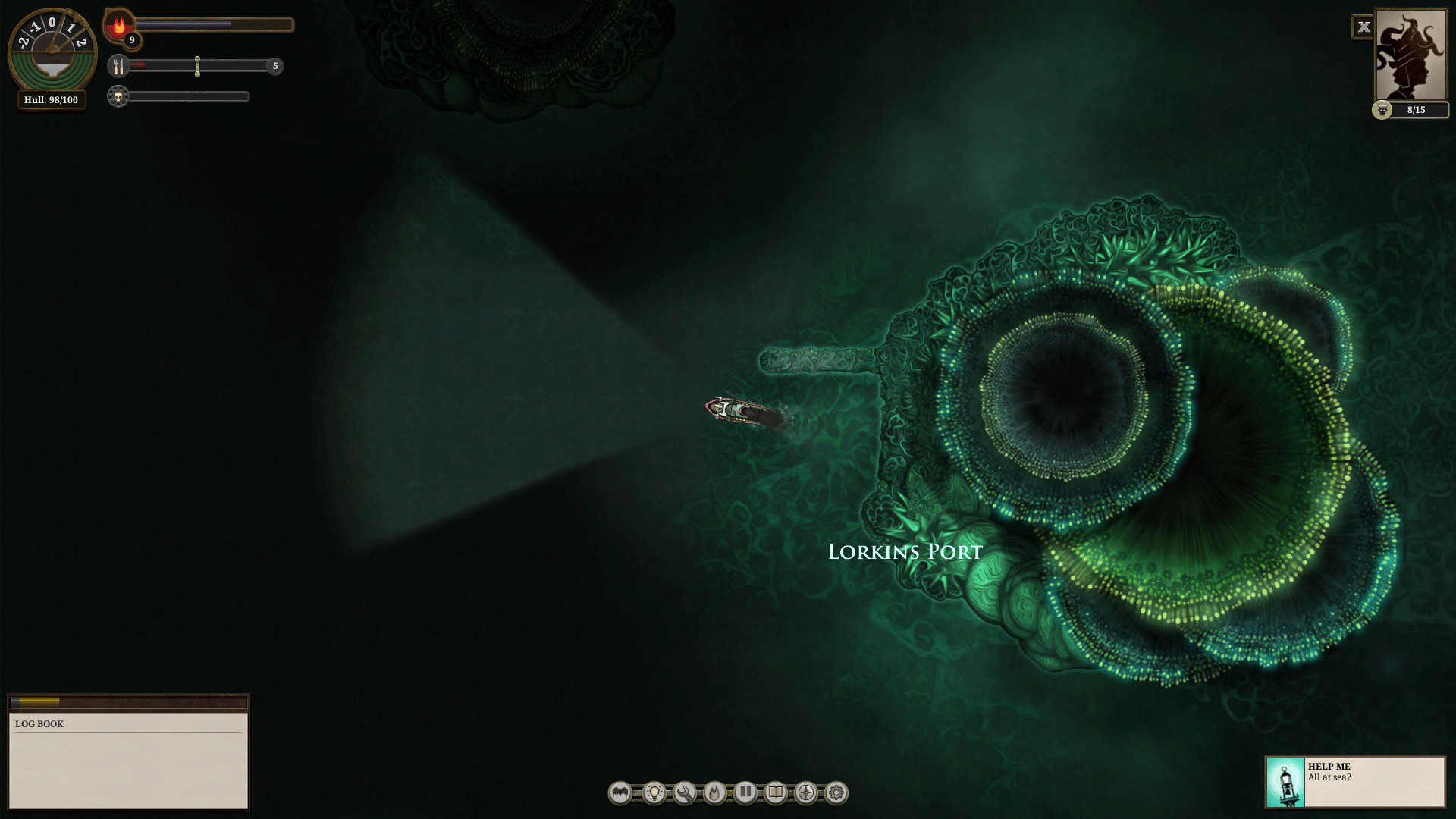 A ship sailing away from a large mushroom coming out of the ocean in Sunless Sea