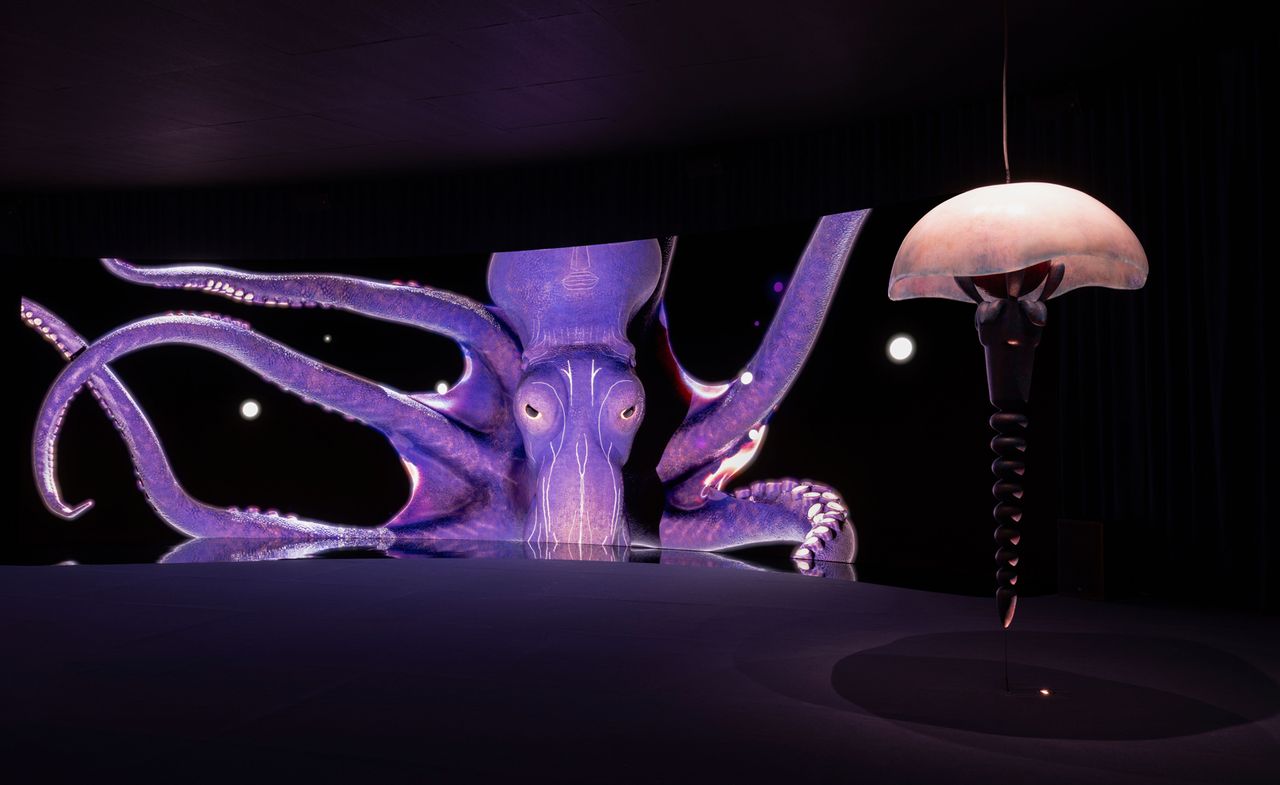 Josèfa Ntjam, ‘swell of spæc(i)es’, 2024: view of giant purple octopus and jelly fish