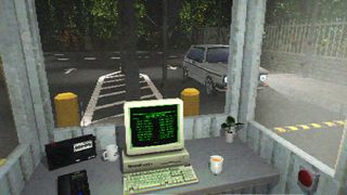 First person view of a chunky '90s beige CRT computer in a security booth, night time drive up visible through the windows.