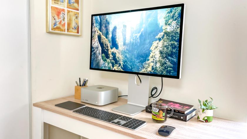 Apple Studio Display shown side on with Wheel of Time playing