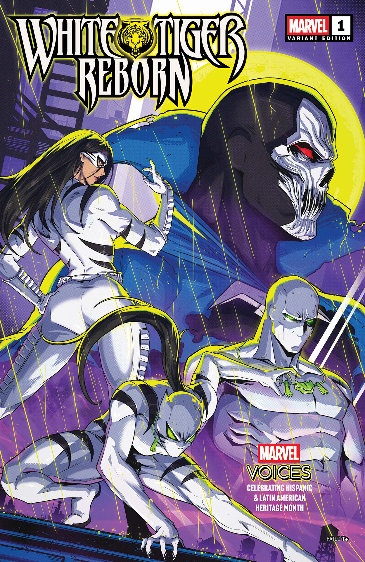 Three White Tigers all posing together with the villainous D'Spayre looming in the background