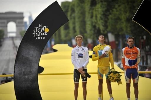 The final podium (l-r): Andy Schleck, Alberto Contador and Denis Menchov