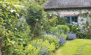 cottage garden borders full of flowers and plants, with a small garden path leading to the cottage home