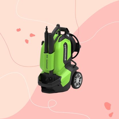 greenworks g40 pressure washer on a pink graphic background