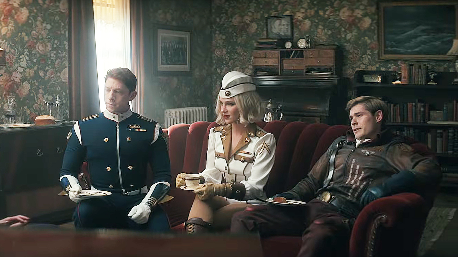 Torpedo, Private Angel, and Bombsight sitting on a couch in Vought Rising