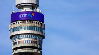 The BT tower, shot in extreme telephoto against a blue sky