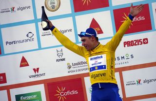 Fabio Jakobsen (Deceuninck-Quickstep) celebrates his leader's jersey