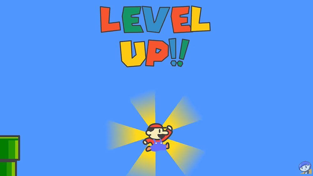 An image of Mario and multi-coloured text that reads 'Level Up!!' from a fan-made demo that imagines Super Mario Bros remade by EA Entertainment