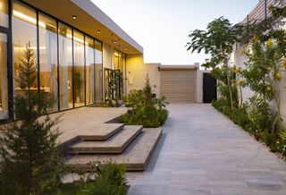 recessed lighting across a back porch area