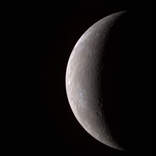 First high-resolution image of Mercury transmitted by the MESSENGER spacecraft (in false color, 11 narrow-band color filters). 