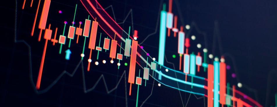 closeup of stock market chart with red and green bars and Bollinger bands