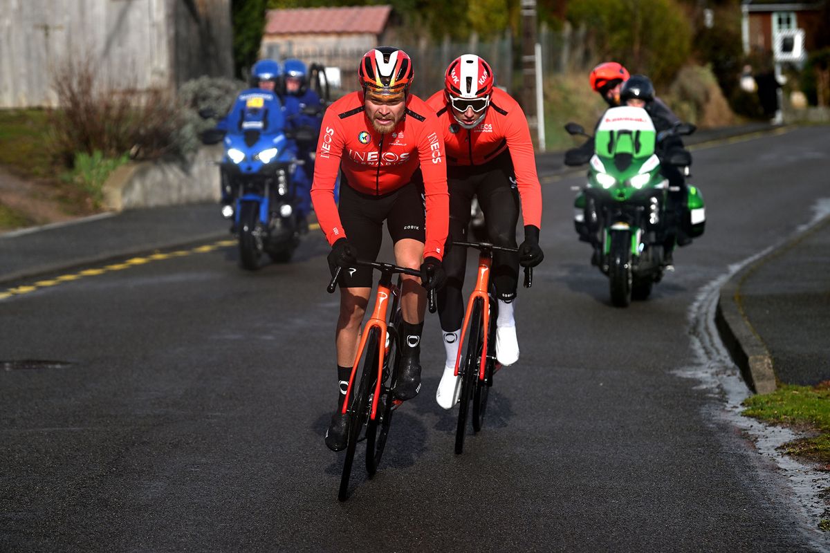 Ineos teammates Foss and Tarling try to bridge across to the break