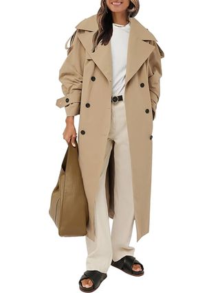 Farktop, Farktop Womens Oversized Long Trench Coat Double Breasted Lapel Windproof Overcoat With Belt