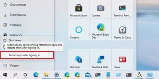 Start menu Restart apps after signing in option