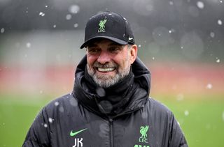 Liverpool manager Jurgen Klopp during a training session at AXA Training Centre on February 08, 2024 in Kirkby, England.