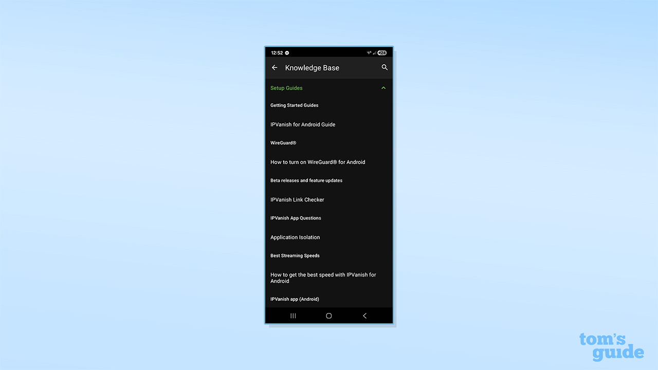 IPVanish's knowledge base tab on its Android app