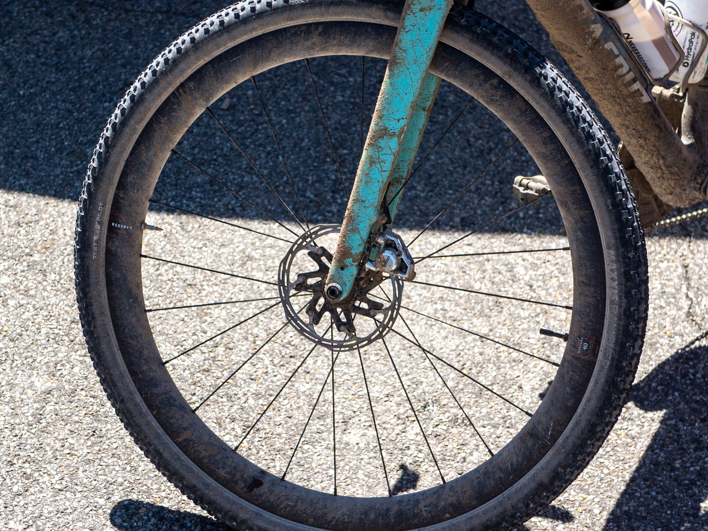 A photo of Keegan Swenson&#039;s bike wheel, each with two valves 