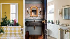 Three small bathrooms. Left yellow with checkered tiles and path panel plus lots of plants, middle is dark and moody with antique touches and sheer wallpaper, right is light bright and tiled walls and floors