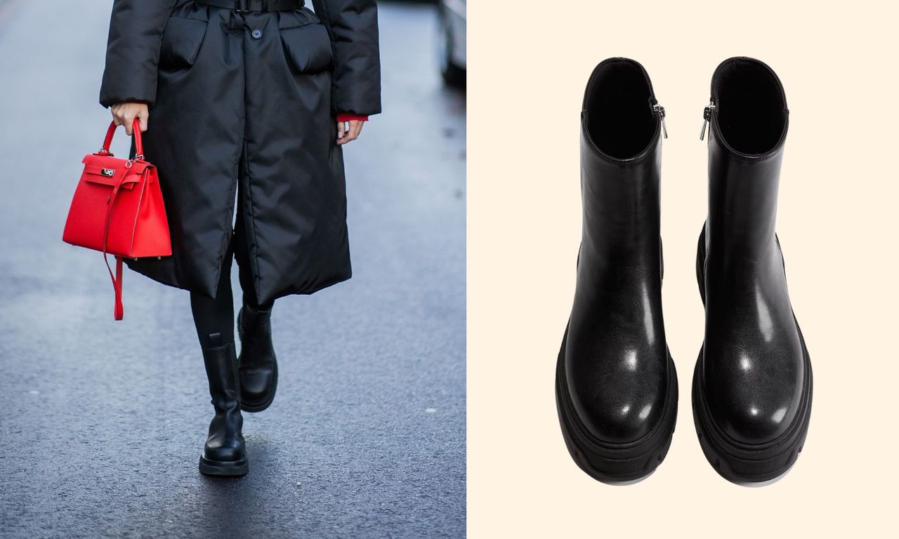 Side by side images - one of bottega veneta lug boots, one of H&amp;M Chunky Ankle Boots