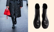 Side by side images - one of bottega veneta lug boots, one of H&M Chunky Ankle Boots