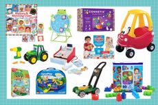 collage showing the best toys for three year olds including Cozy Coupe, Connetix and Slime Baff