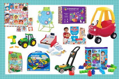 collage showing the best toys for three year olds including Cozy Coupe, Connetix and Slime Baff