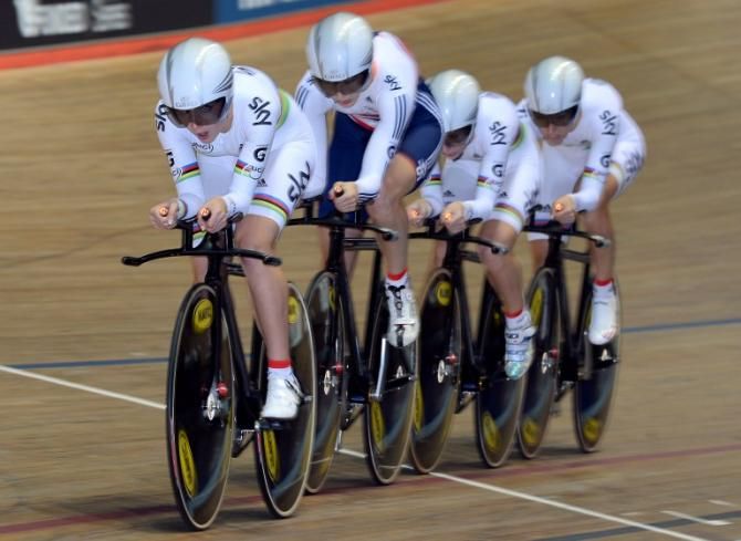 The Great Britain women's Team Pursuit quartet at speed