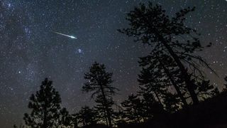 A bright meteor falling through the sky overa tree-lined forest