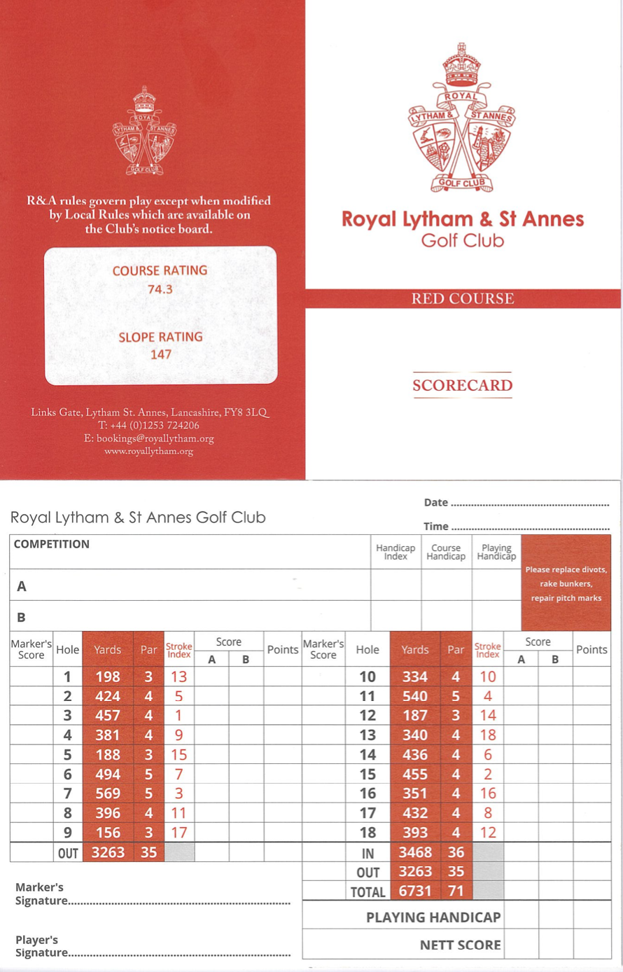 Royal Lytham and St Annes Golf Club red scorecard