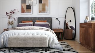 pale grey bedroom with walnut wood furniture