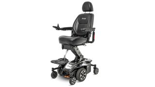 The Pride Mobility Jazzy Air 2, photographed from the front, in an all-black color scheme