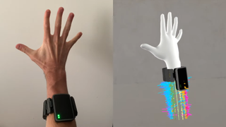 Meta neural interface wristband being tested with results shown in VR with signal measurement below