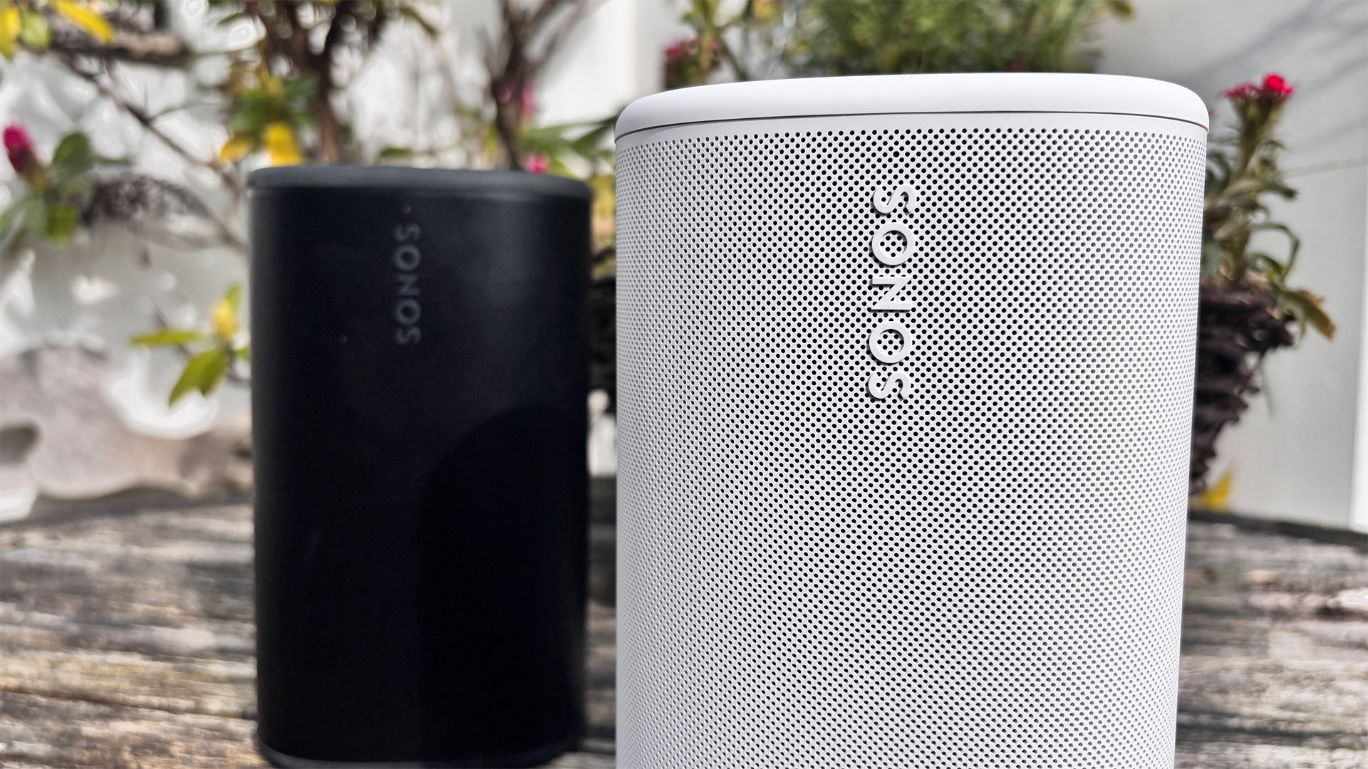 Sonos Play wireless speakers in black and white colourways in garden