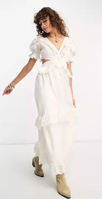 $137 Reclaimed Vintage limited edition maxi ruffle dress with open tie back in white on ASOS