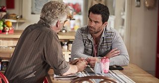 John quizzes Zac about his relationship with Leah. John Palmer and Zac Macguire in Home and Away.