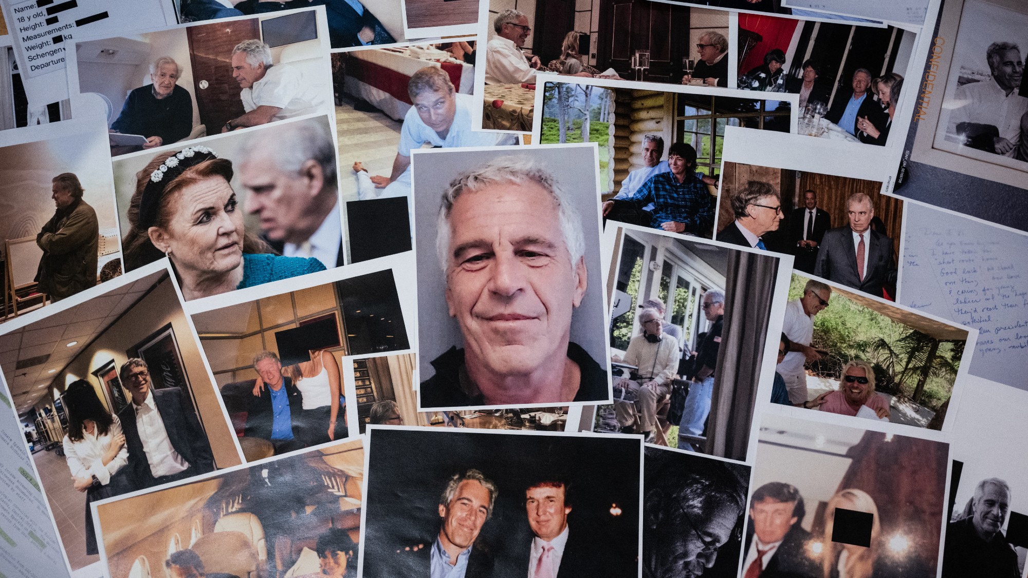A display of photos of Jeffrey Epstein on his own and with others including Sarah Ferguson and Donald Trump