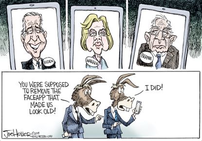 Political Cartoon U.S. FaceApp Democrats Biden Warren Sanders