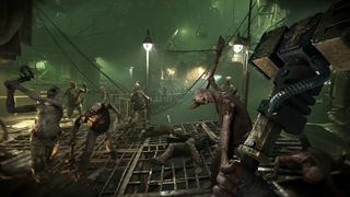 Warhammer 40,000: Darktide first-person gameplay with a hammer