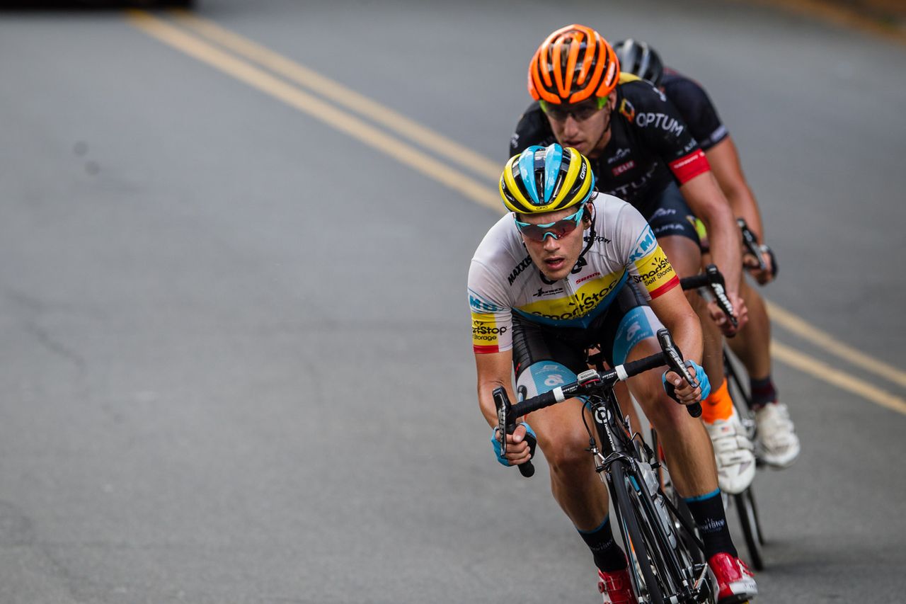 Evan Huffman (SmartStop) leads the mid race break.