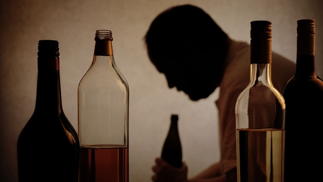 Man silhouette with alcohol bottles. 