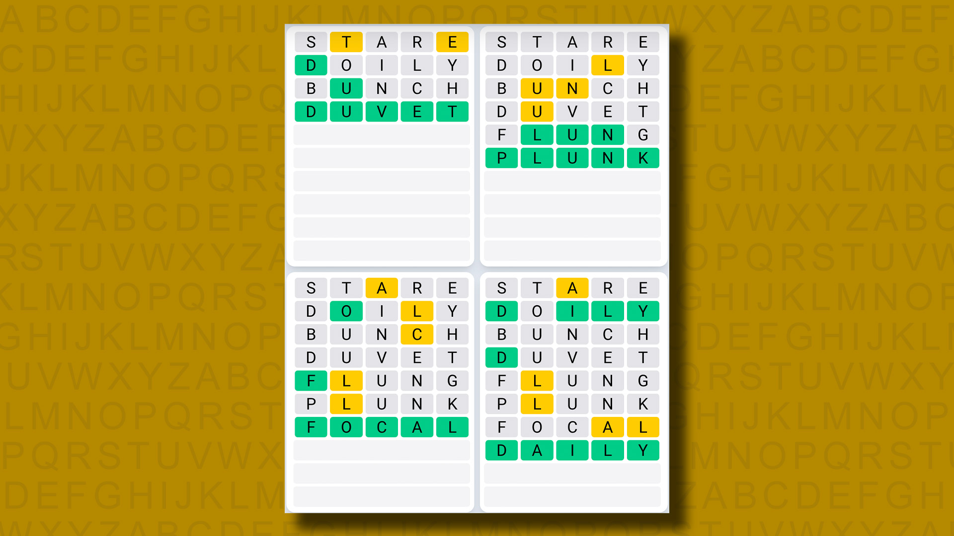 Ответы на ежедневную последовательность Quordle для игры 835 на желтом фоне
