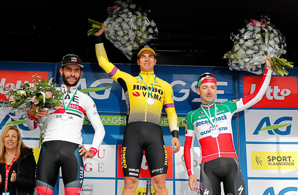 Fernando Gaviria, Dylan Groenewegen and Elia Viviani on the De Panne podium