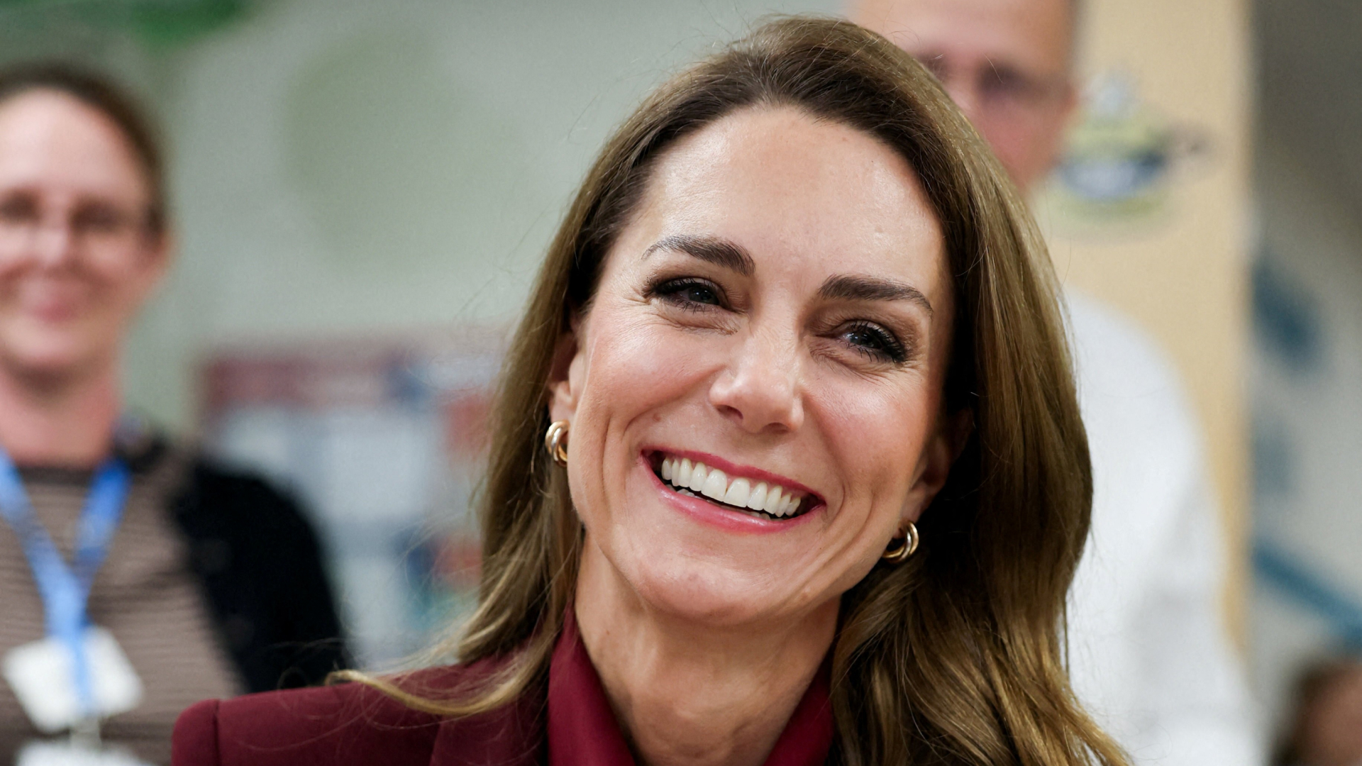 Kate Middleton shows off her "posh mom bronde" hair color while attending an arts workshop during a visit to Charing Cross Hospital in London on January 8, 2026